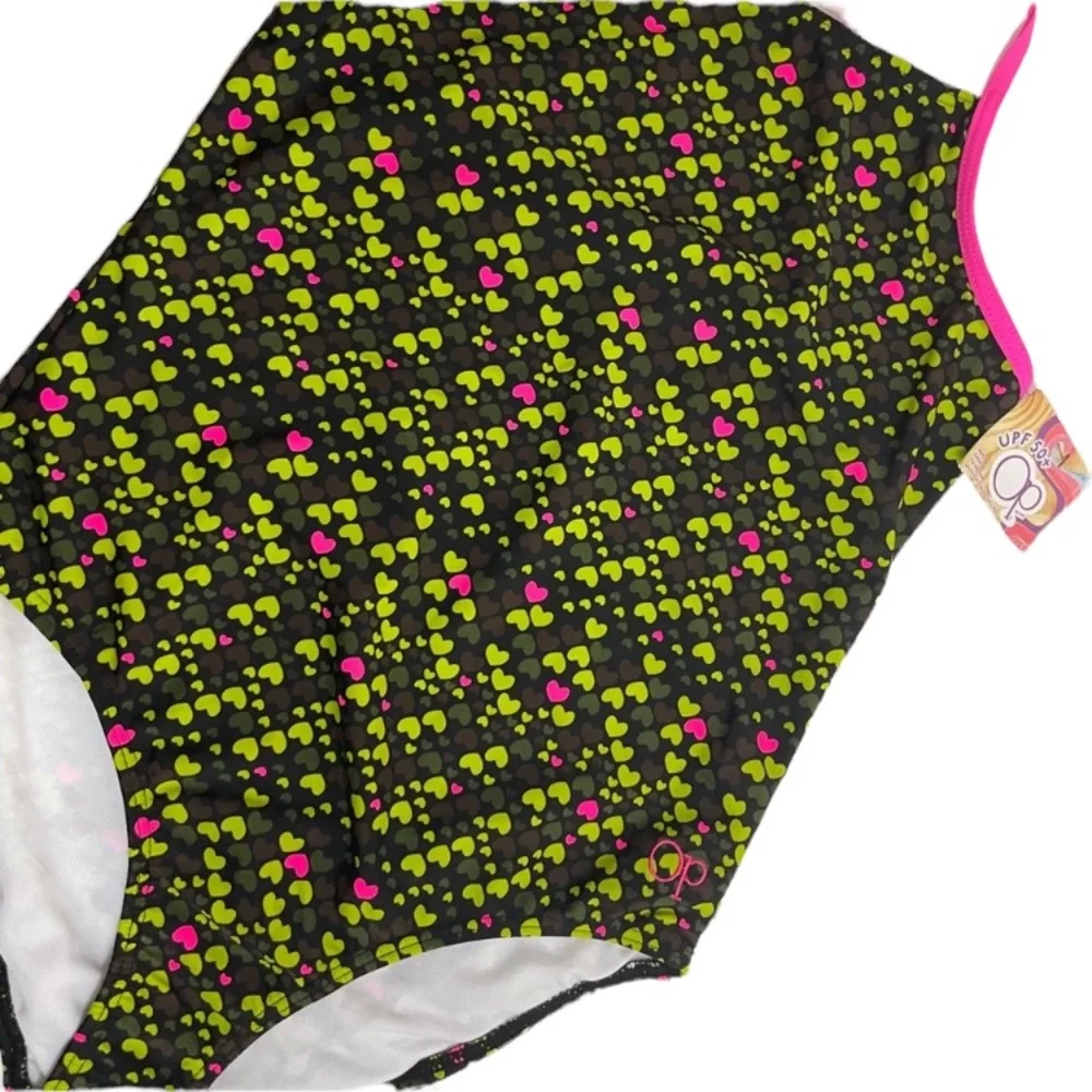 Girls Swimsuit One Piece Bathing Suit Hearts Summer Beach Pool Green Pink White